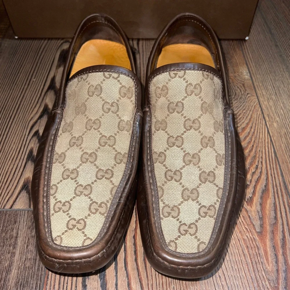 Gucci Mens Florence GG Monogram Driver Loafers Cocoa Brown Leather 153991 Size 9